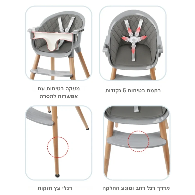כסא אוכל 2 מצבים רב תכליתי אפור - לשימוש במגוון גילאים - Image 4