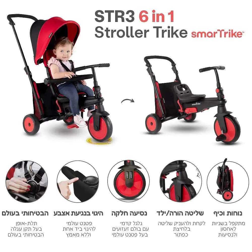 תלת אופן מתקפל סופר קומפקטי 6 ב 1 סמארטפולד STR3 - אדום סמארט טרייק - Image 4